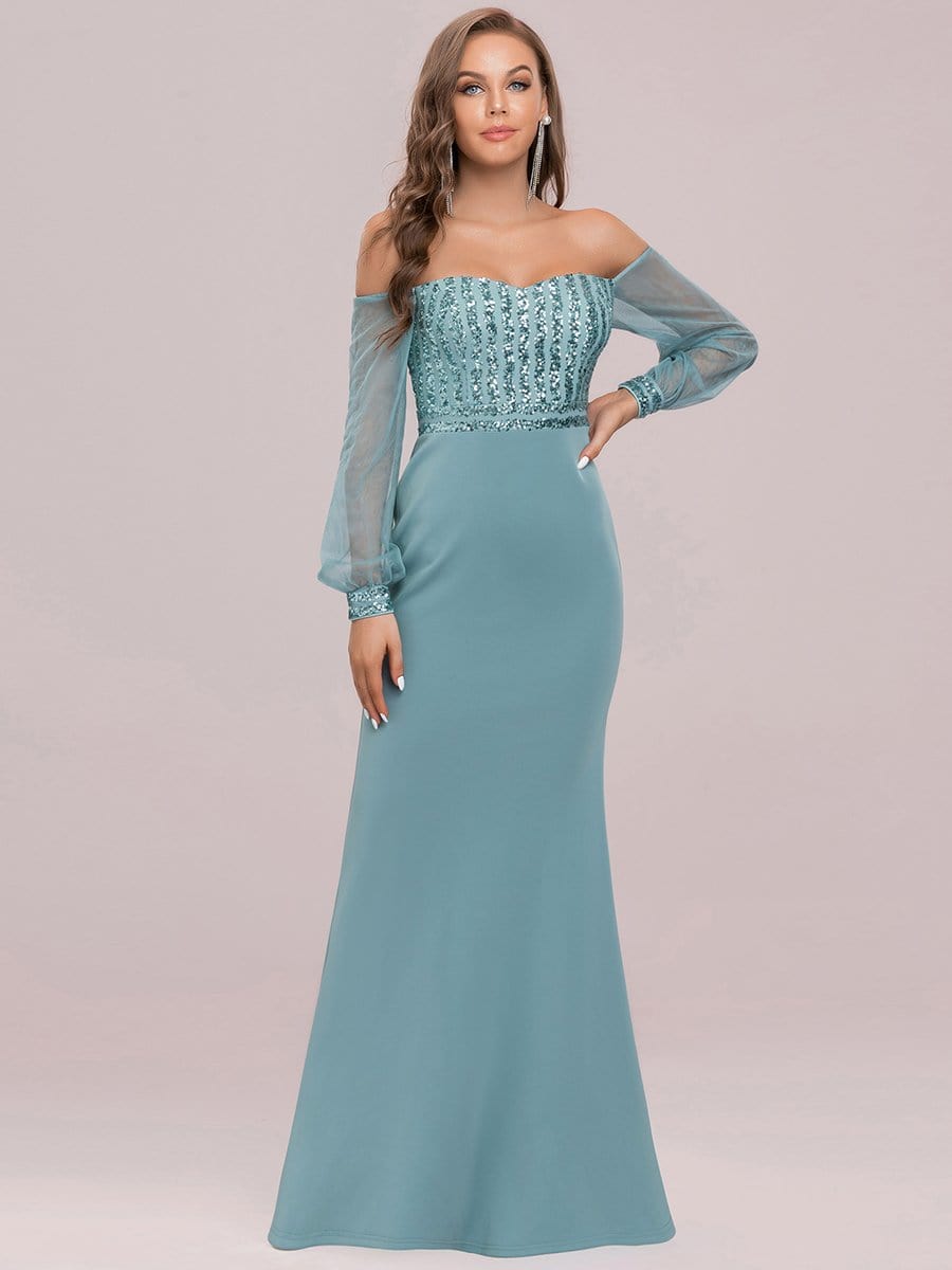 Color=Dusty Blue | Women'S Fashion Off Shoulder Sequin Evening Dress-Dusty Blue 6