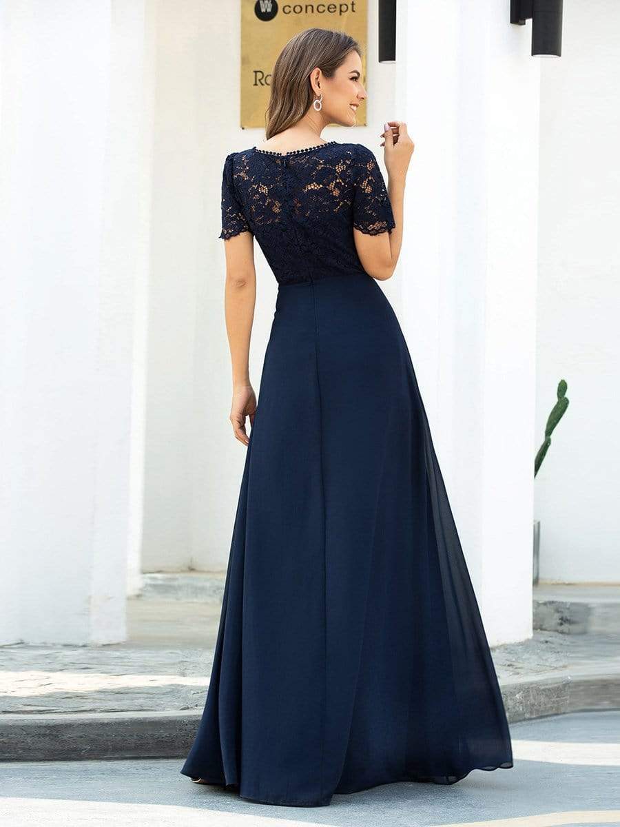 Color=Navy Blue | Morden Floral Lace Round Neck Short Sleeve Chiffon Evening Dress-Navy Blue 2