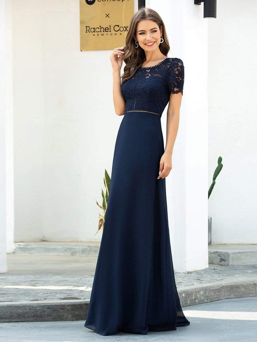 Color=Navy Blue | Morden Floral Lace Round Neck Short Sleeve Chiffon Evening Dress-Navy Blue 3