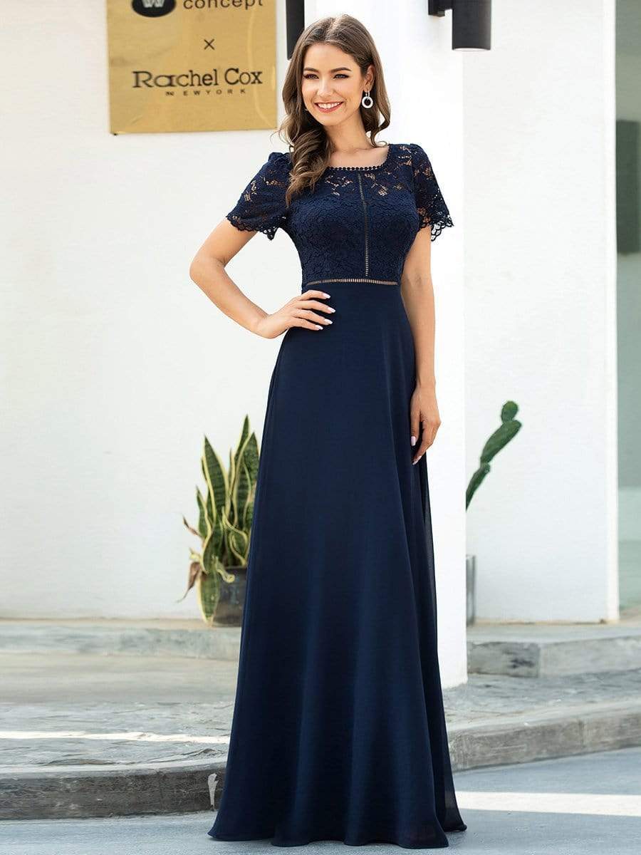 Color=Navy Blue | Morden Floral Lace Round Neck Short Sleeve Chiffon Evening Dress-Navy Blue 4