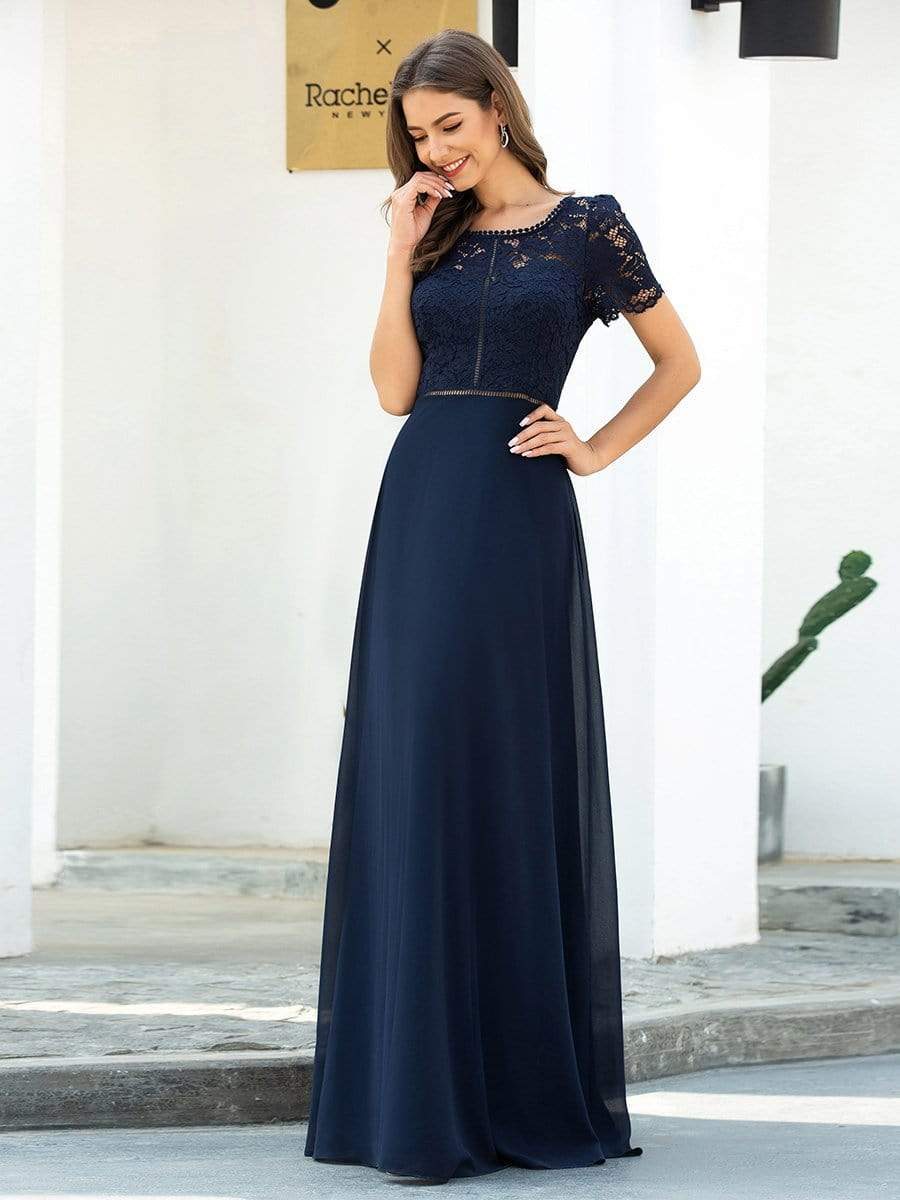 Color=Navy Blue | Morden Floral Lace Round Neck Short Sleeve Chiffon Evening Dress-Navy Blue 1