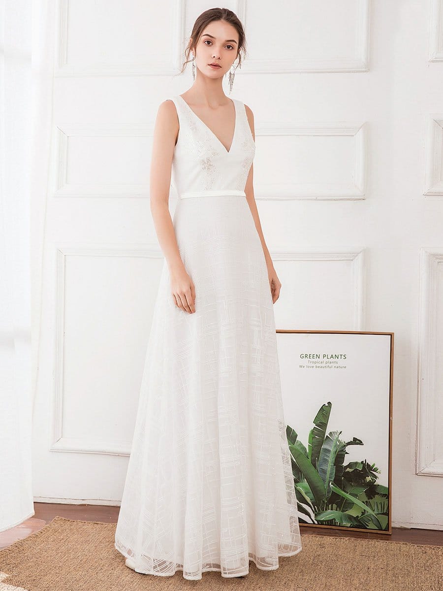 Color=White | Women'S V-Neck Sleeveless Floral Lace Wedding Dresses-White 4