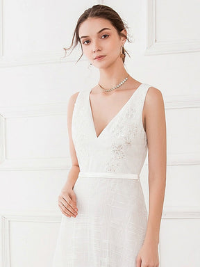 Color=White | Women'S V-Neck Sleeveless Floral Lace Wedding Dresses-White 5