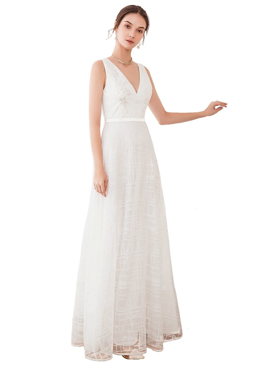 Color=White | Women'S V-Neck Sleeveless Floral Lace Wedding Dresses-White 6