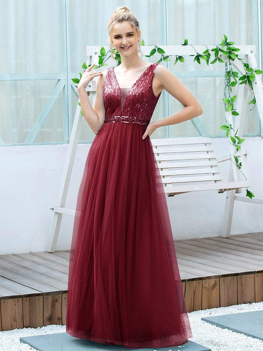 Color=Burgundy | Women'S Fashion A-Line  Floor Length Bridesmaid Dress-Burgundy 3
