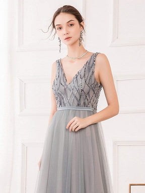 Color=Grey | Elegant V Neck Sleeveless Patchwork Evening Prom Dresses-Grey 5