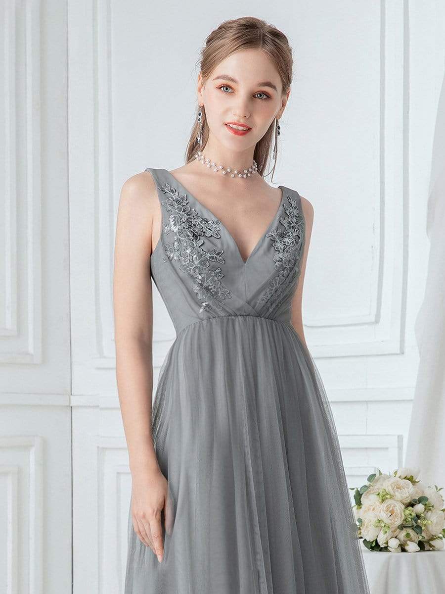 Color=Grey | Women'S V Neck Sleeveless Floor Length Tulle Evening Dress-Grey 5