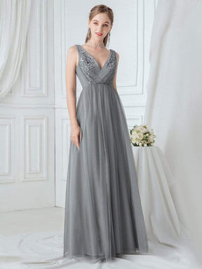 Color=Grey | Women'S V Neck Sleeveless Floor Length Tulle Evening Dress-Grey 1