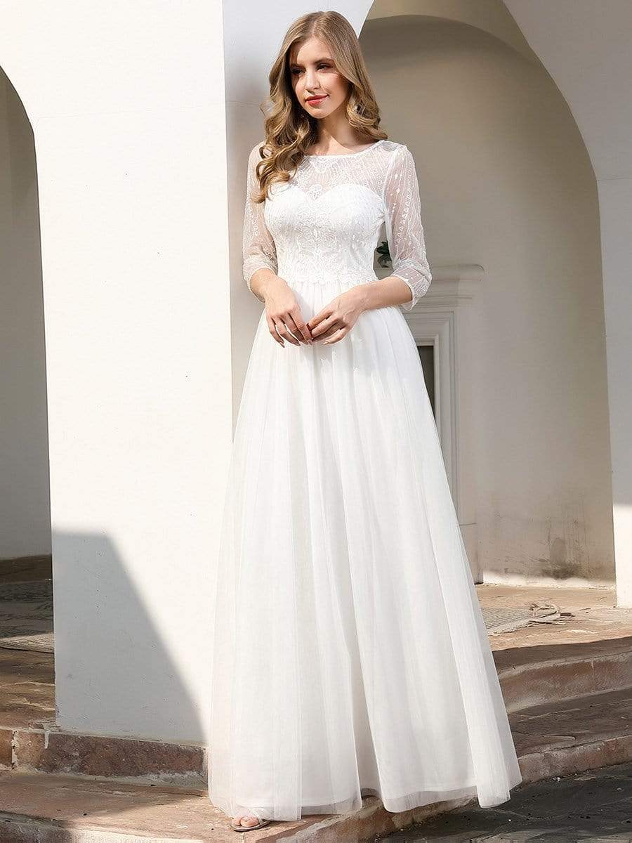Color=Cream | Elegant Round Neckline Tulle Wedding Dresses With Floral Lace-Cream 3