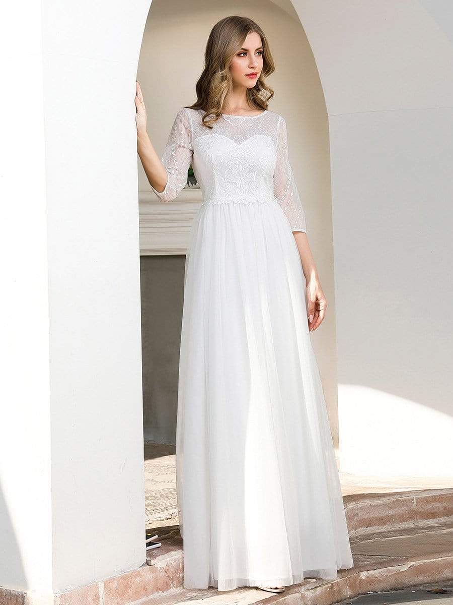 Color=Cream | Elegant Round Neckline Tulle Wedding Dresses With Floral Lace-Cream 4