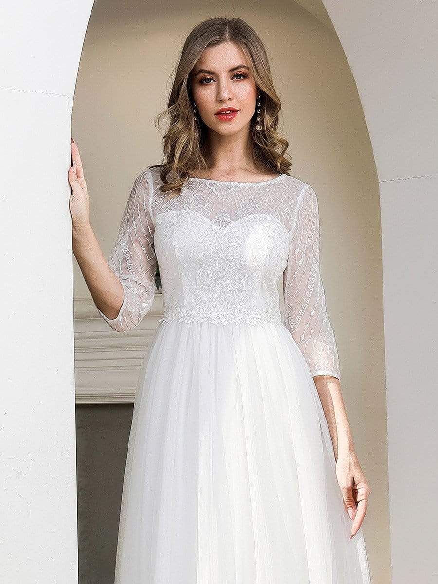 Color=Cream | Elegant Round Neckline Tulle Wedding Dresses With Floral Lace-Cream 5