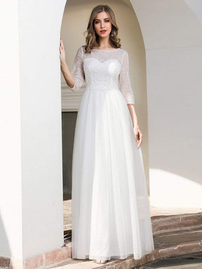 Color=Cream | Elegant Round Neckline Tulle Wedding Dresses With Floral Lace-Cream 1