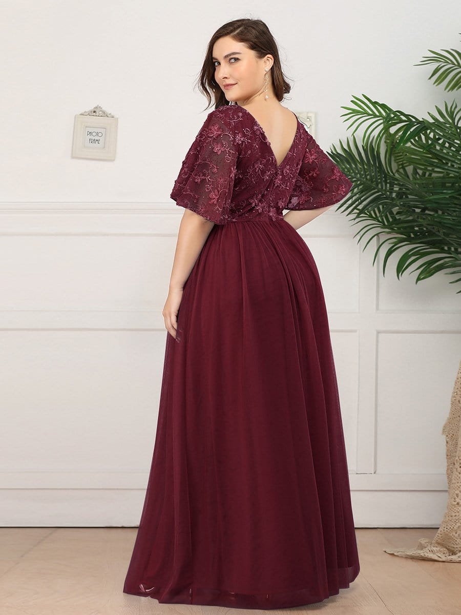 Color=Burgundy | Plus Size V-Neck Ruffle Sleeve Embroidery Tulle Bridesmaid Dress-Burgundy 7