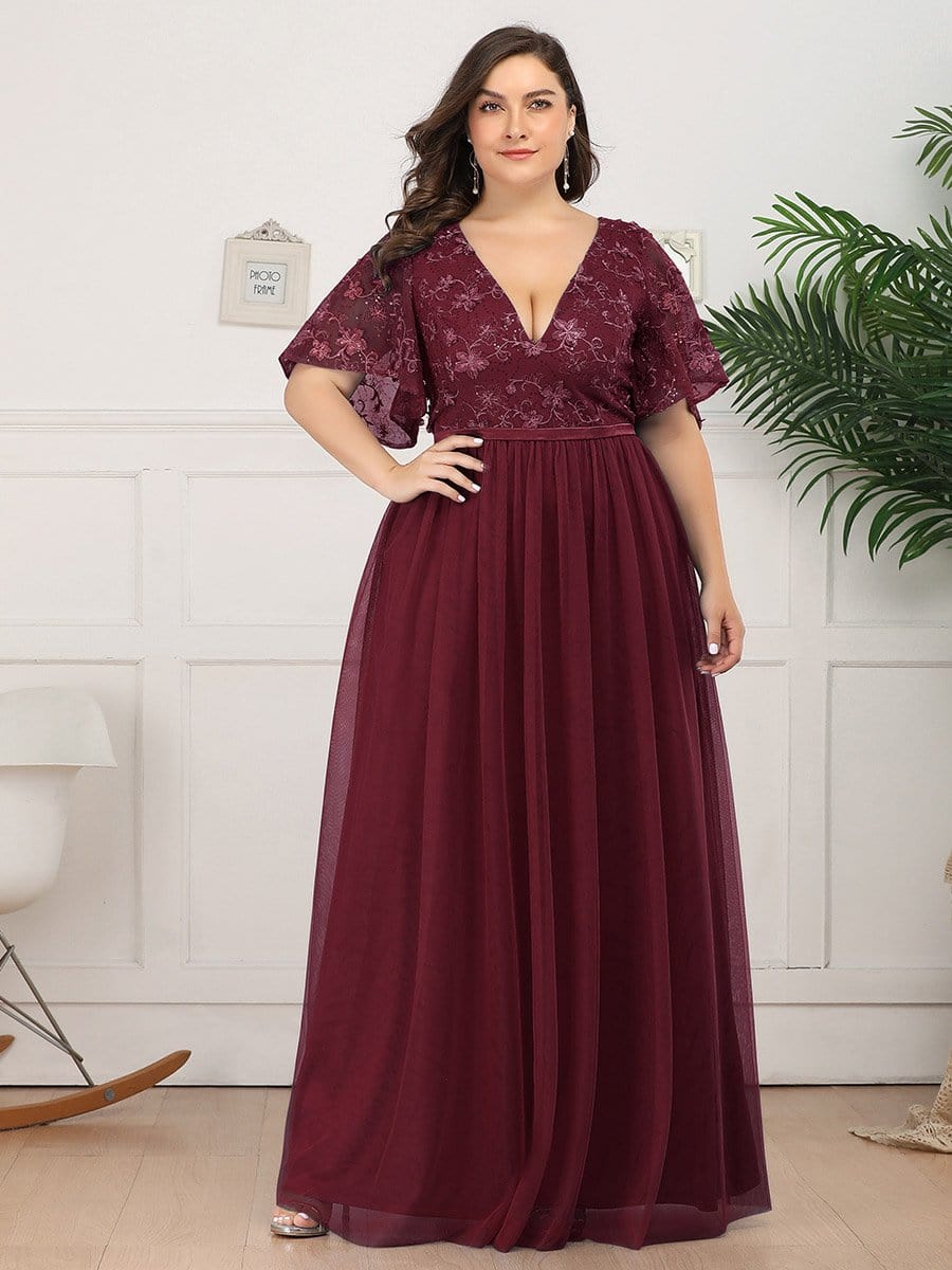 Color=Burgundy | Plus Size V-Neck Ruffle Sleeve Embroidery Tulle Bridesmaid Dress-Burgundy 9