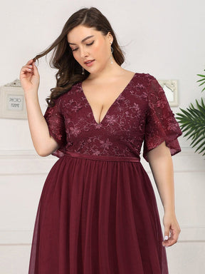 Color=Burgundy | Plus Size V-Neck Ruffle Sleeve Embroidery Tulle Bridesmaid Dress-Burgundy 10
