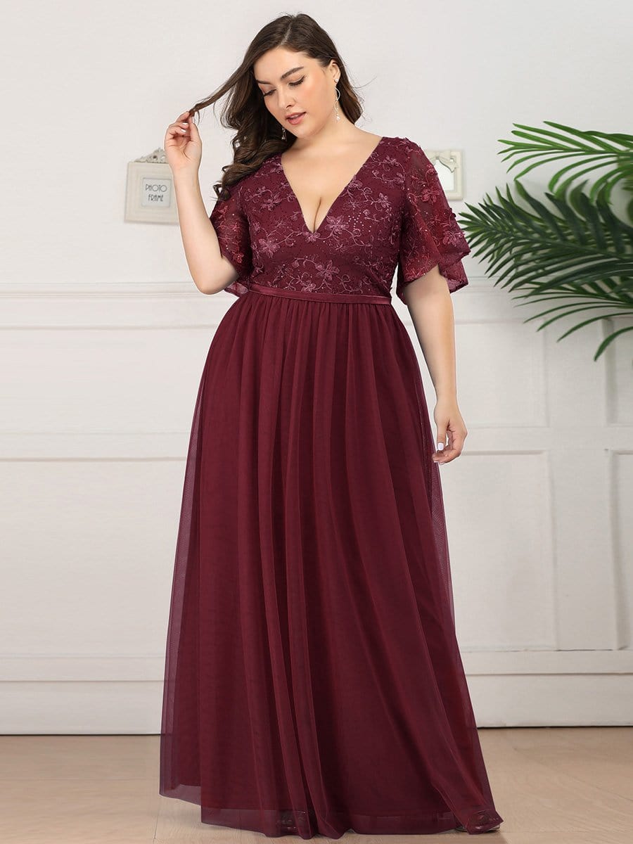 Color=Burgundy | Plus Size V-Neck Ruffle Sleeve Embroidery Tulle Bridesmaid Dress-Burgundy 6