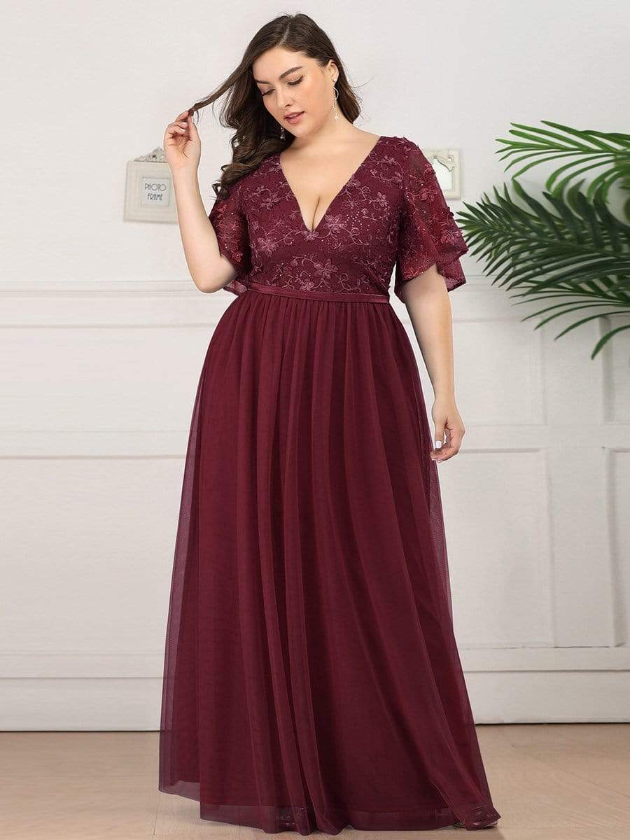 Color=Burgundy | V-Neck Ruffle Sleeve Embroidery Tulle Bridesmaid Dress-Burgundy 6