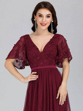 Color=Burgundy | V-Neck Ruffle Sleeve Embroidery Tulle Bridesmaid Dress-Burgundy 15