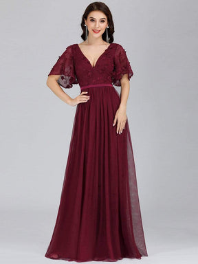 Color=Burgundy | V-Neck Ruffle Sleeve Embroidery Tulle Bridesmaid Dress-Burgundy 11