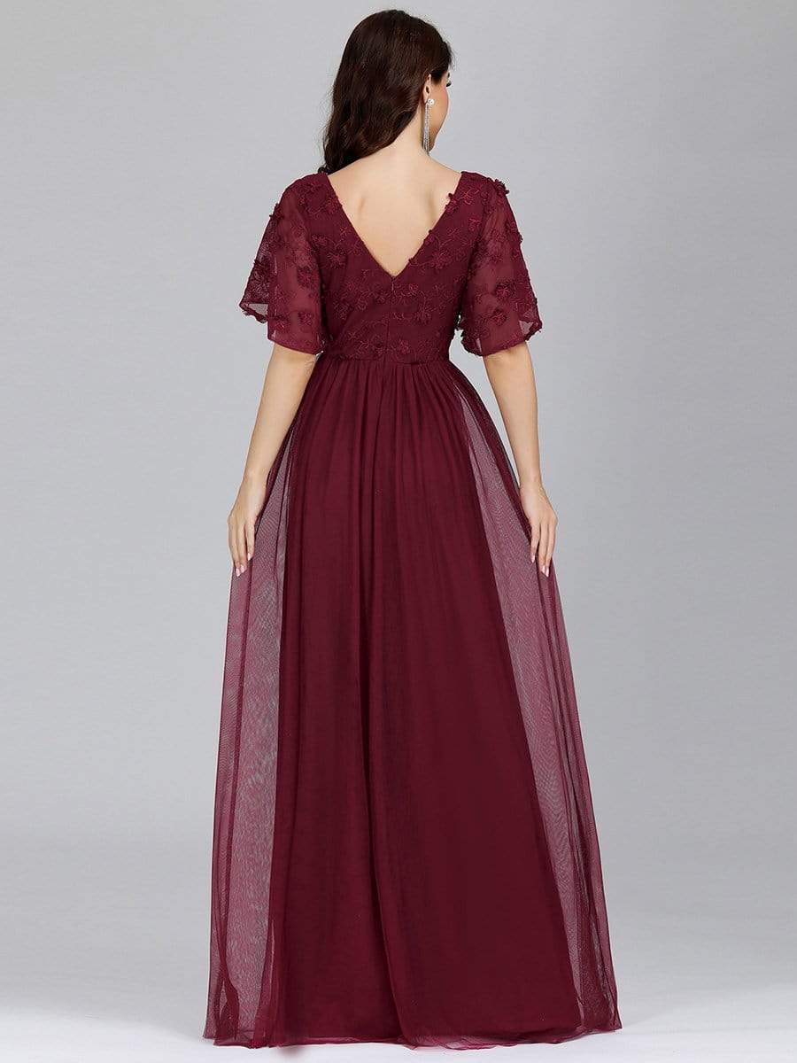 Color=Burgundy | V-Neck Ruffle Sleeve Embroidery Tulle Bridesmaid Dress-Burgundy 12