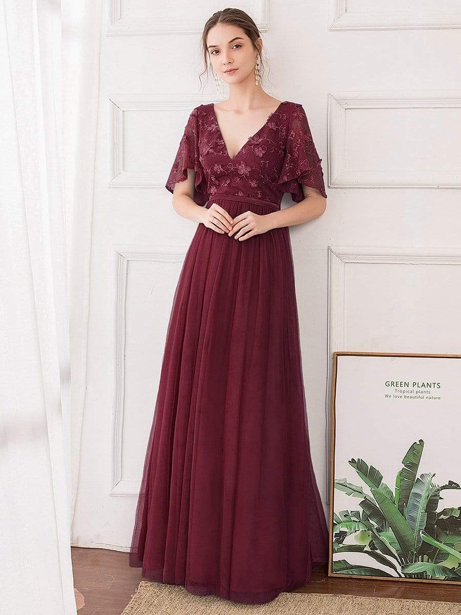 Color=Burgundy | V-Neck Ruffle Sleeve Embroidery Tulle Bridesmaid Dress-Burgundy 1