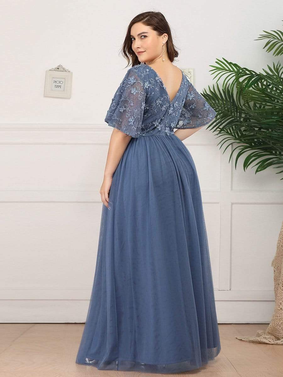 Color=Dusty Navy | Plus Size V-Neck Ruffle Sleeve Embroidery Tulle Bridesmaid Dress-Dusty Navy 2