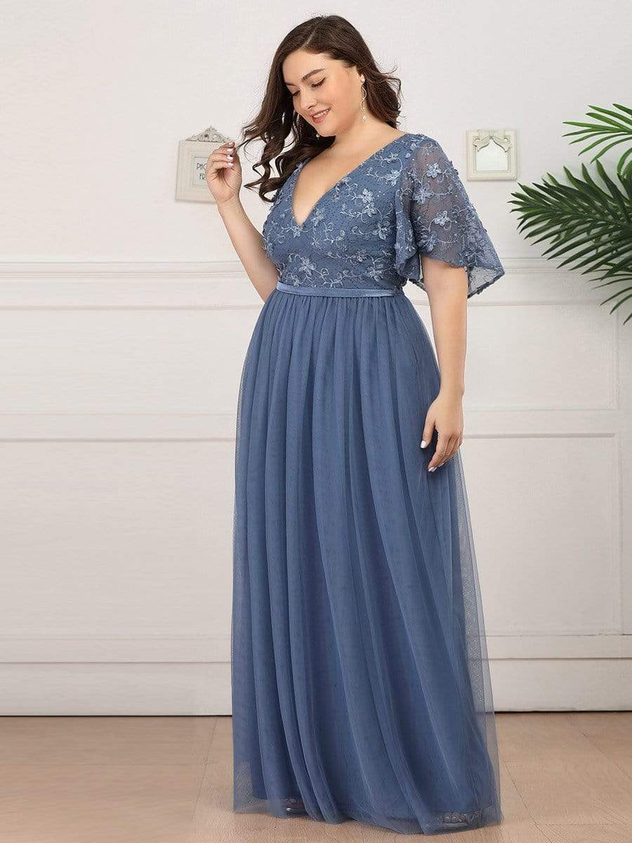 Color=Dusty Navy | Plus Size V-Neck Ruffle Sleeve Embroidery Tulle Bridesmaid Dress-Dusty Navy 3