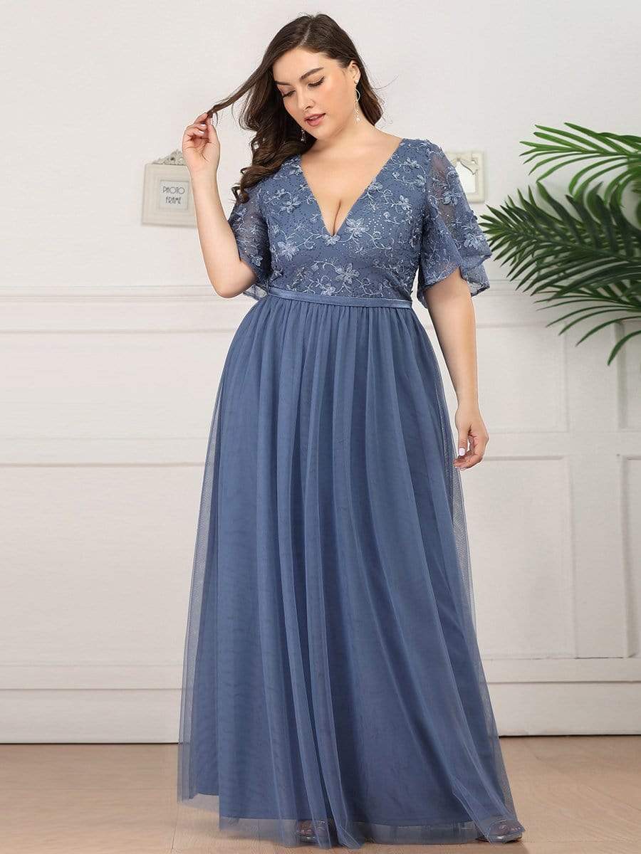 Tulle Bridesmaid Dress Plus Size Ruffle Sleeve V-Neck Embroidery