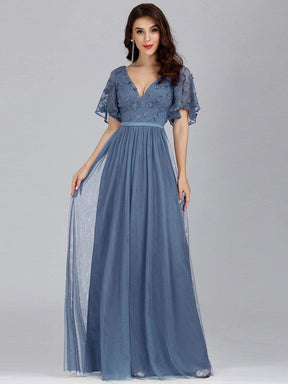 Color=Dusty Navy | V-Neck Ruffle Sleeve Embroidery Tulle Bridesmaid Dress-Dusty Navy 8