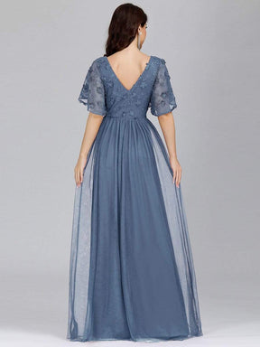 Color=Dusty Navy | V-Neck Ruffle Sleeve Embroidery Tulle Bridesmaid Dress-Dusty Navy 9