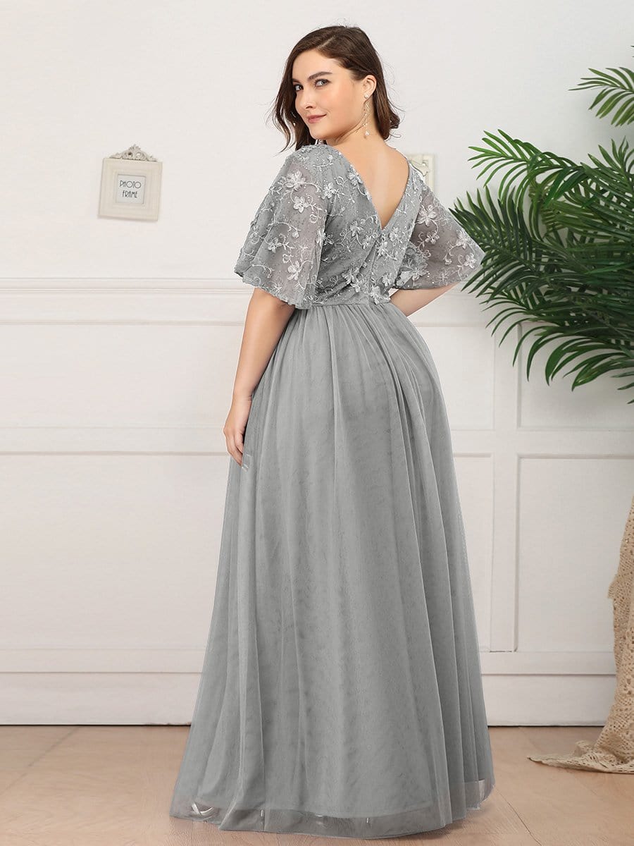 Color=Grey | Plus Size V-Neck Ruffle Sleeve Embroidery Tulle Bridesmaid Dress-Grey 7
