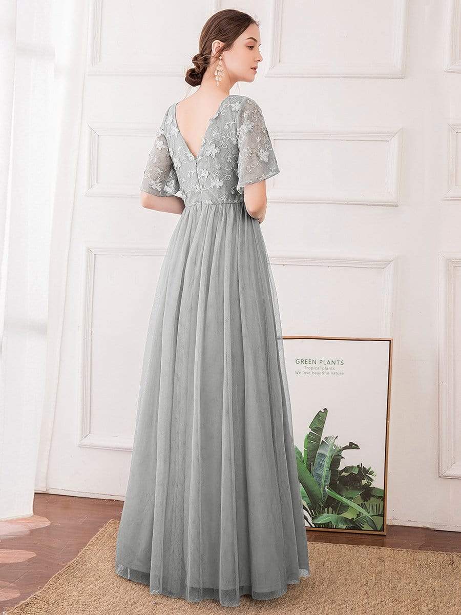 Color=Grey | V-Neck Ruffle Sleeve Embroidery Tulle Bridesmaid Dress-Grey 2
