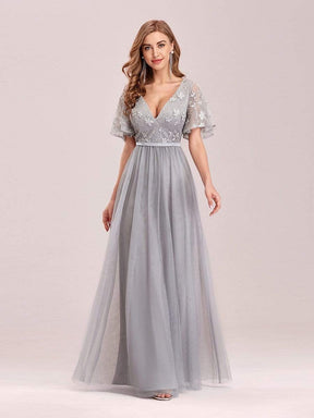 Color=Grey | V-Neck Ruffle Sleeve Embroidery Tulle Bridesmaid Dress-Grey 9