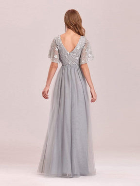 Color=Grey | V-Neck Ruffle Sleeve Embroidery Tulle Bridesmaid Dress-Grey 10