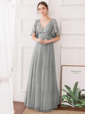 Color=Grey | V-Neck Ruffle Sleeve Embroidery Tulle Bridesmaid Dress-Grey 1