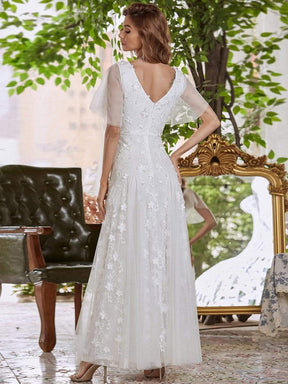 Color=White | Simple Maxi Floral Lace Wedding Dress With Deep V Neck-White 2