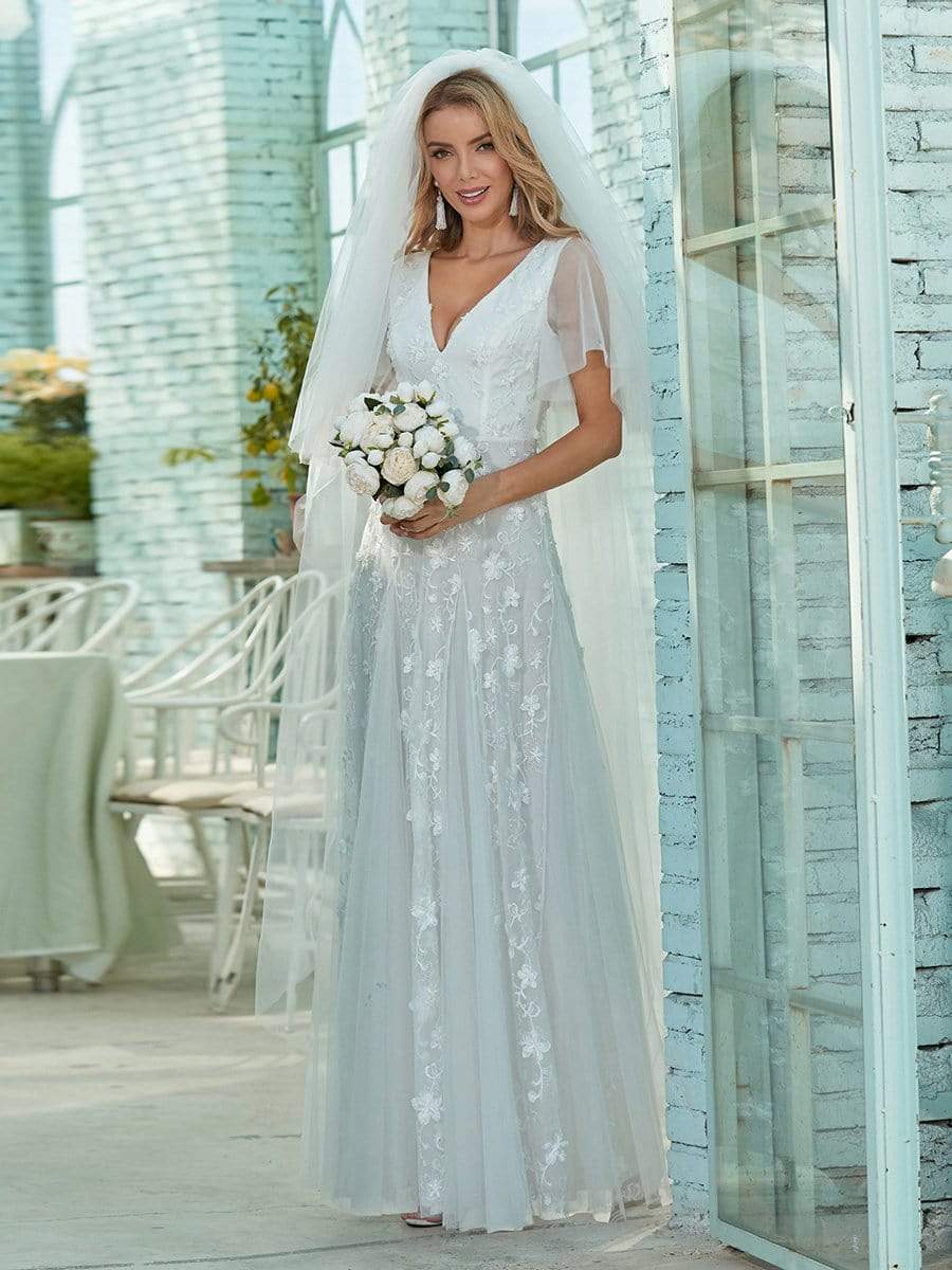 Color=White | Simple Maxi Floral Lace Wedding Dress With Deep V Neck-White 3