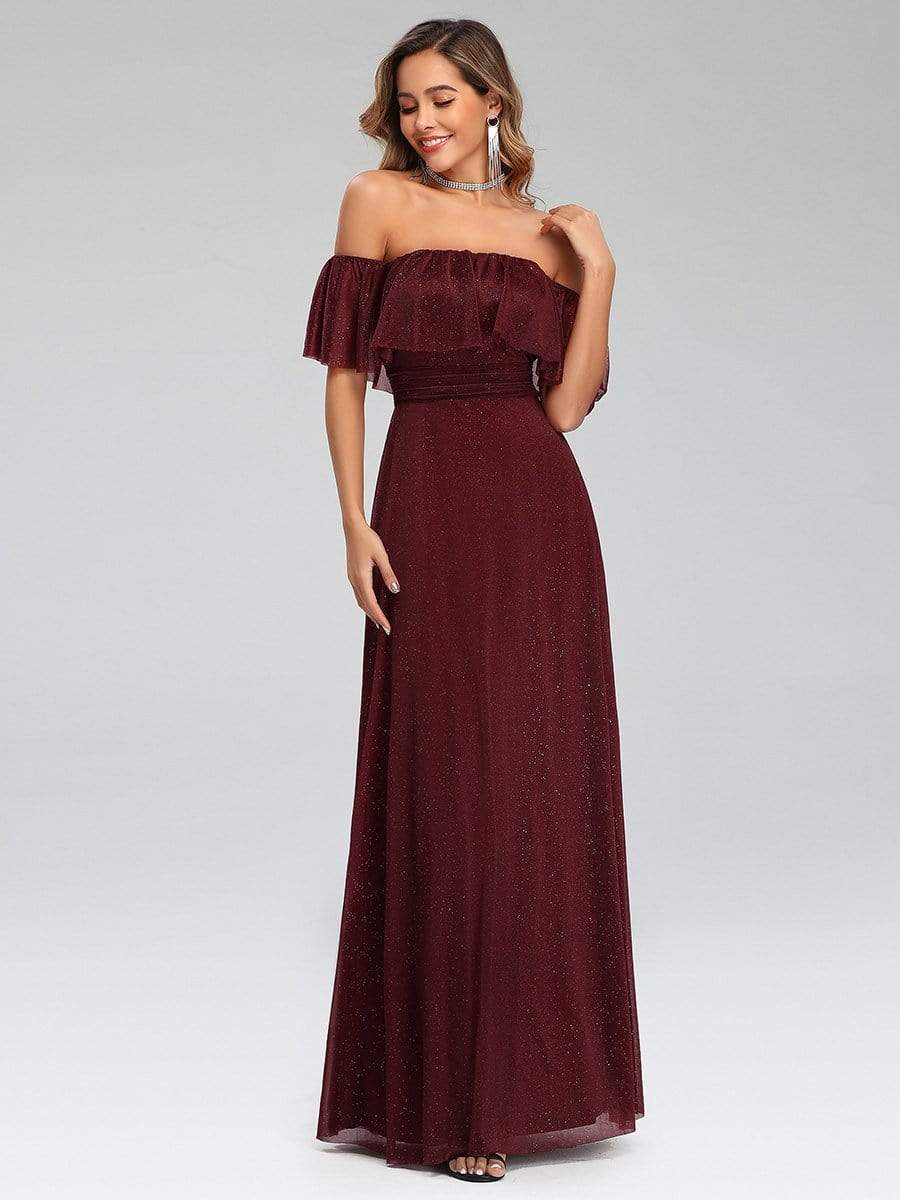 Color=Burgundy | Fashion Off Shoulder Pleated Evening Dress-Burgundy 3