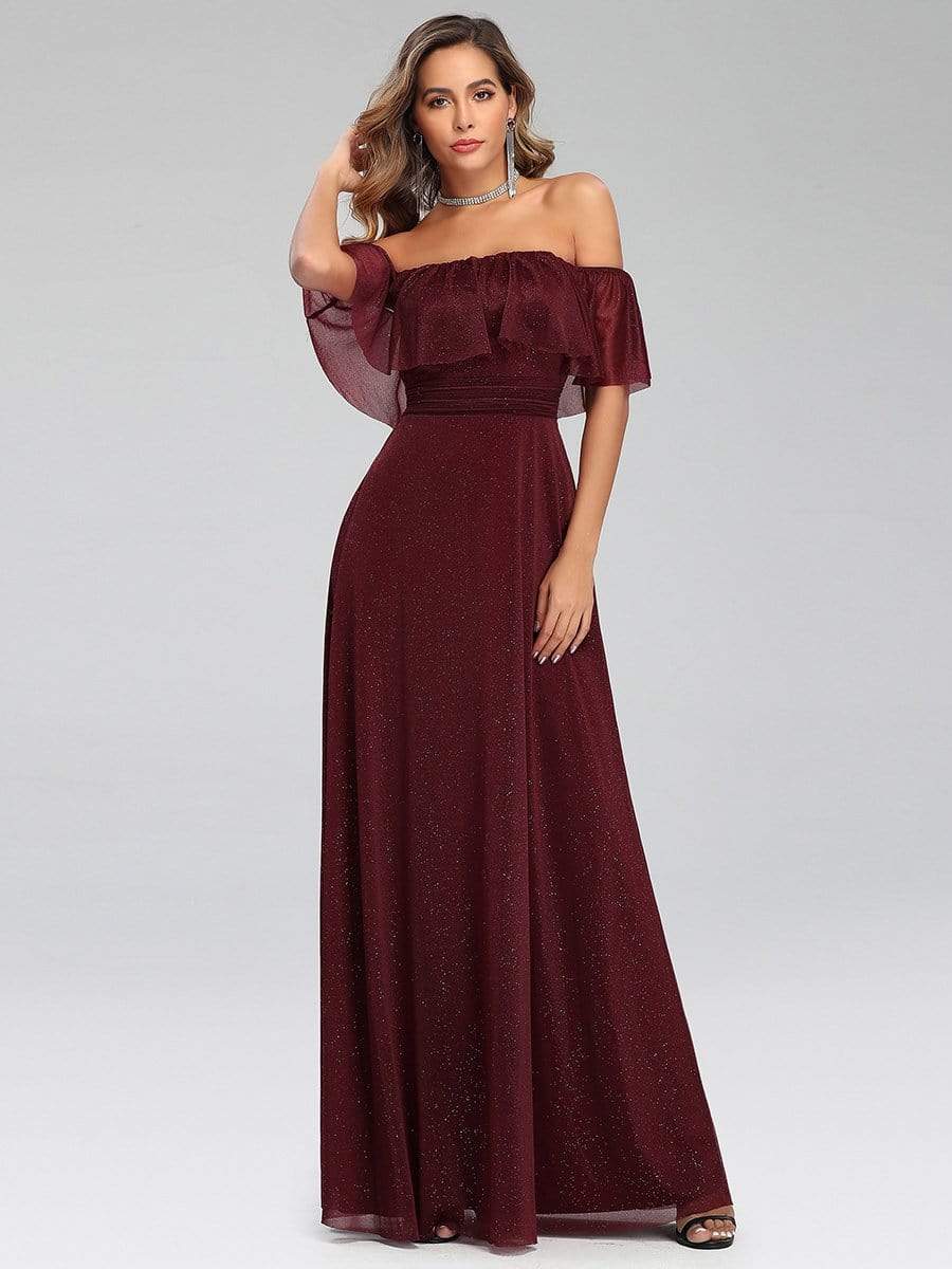 Color=Burgundy | Fashion Off Shoulder Pleated Evening Dress-Burgundy 4
