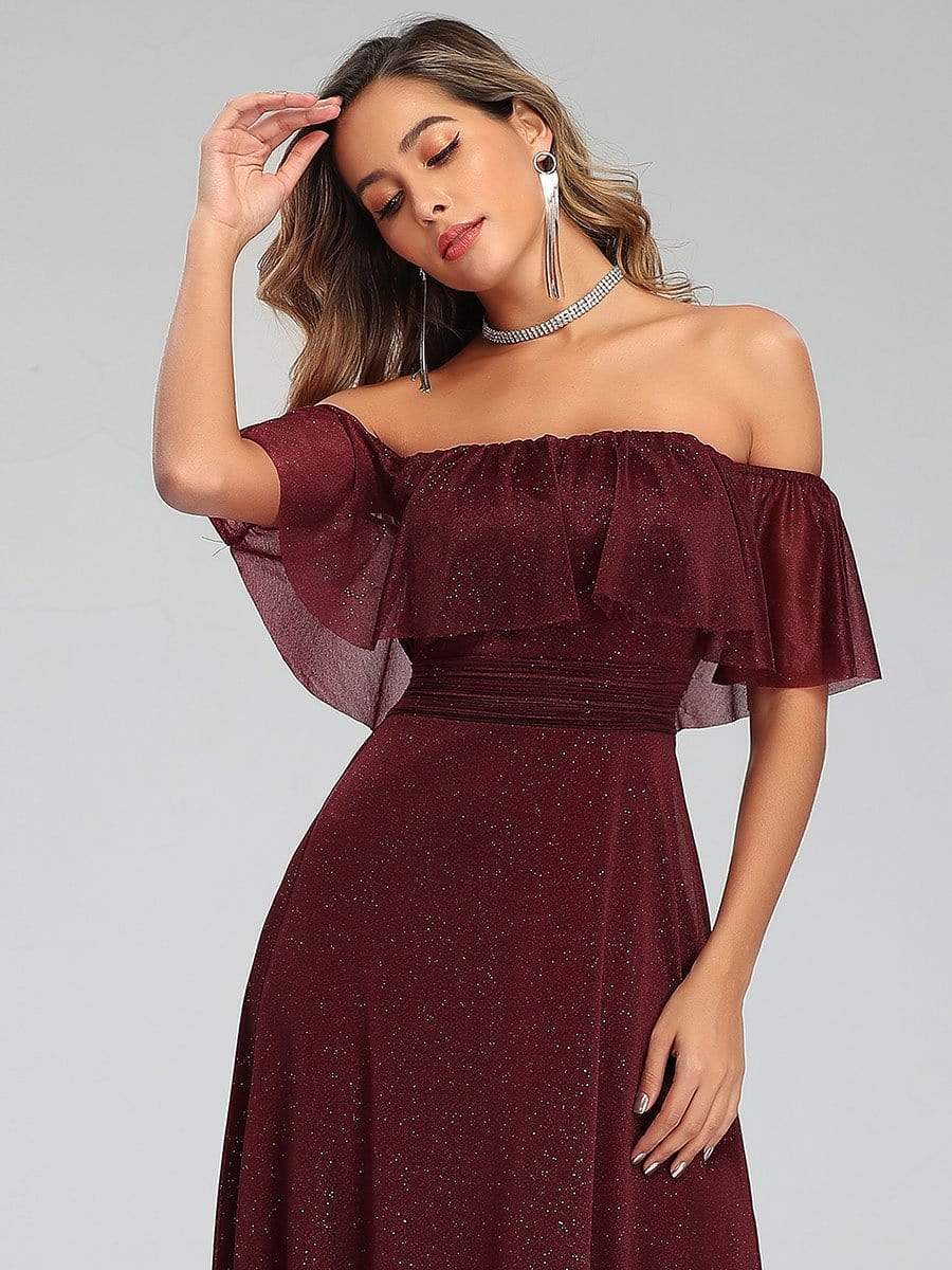 Color=Burgundy | Fashion Off Shoulder Pleated Evening Dress-Burgundy 5