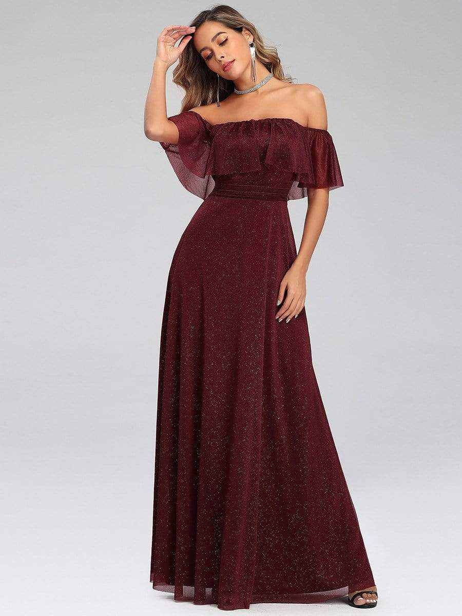Color=Burgundy | Fashion Off Shoulder Pleated Evening Dress-Burgundy 1
