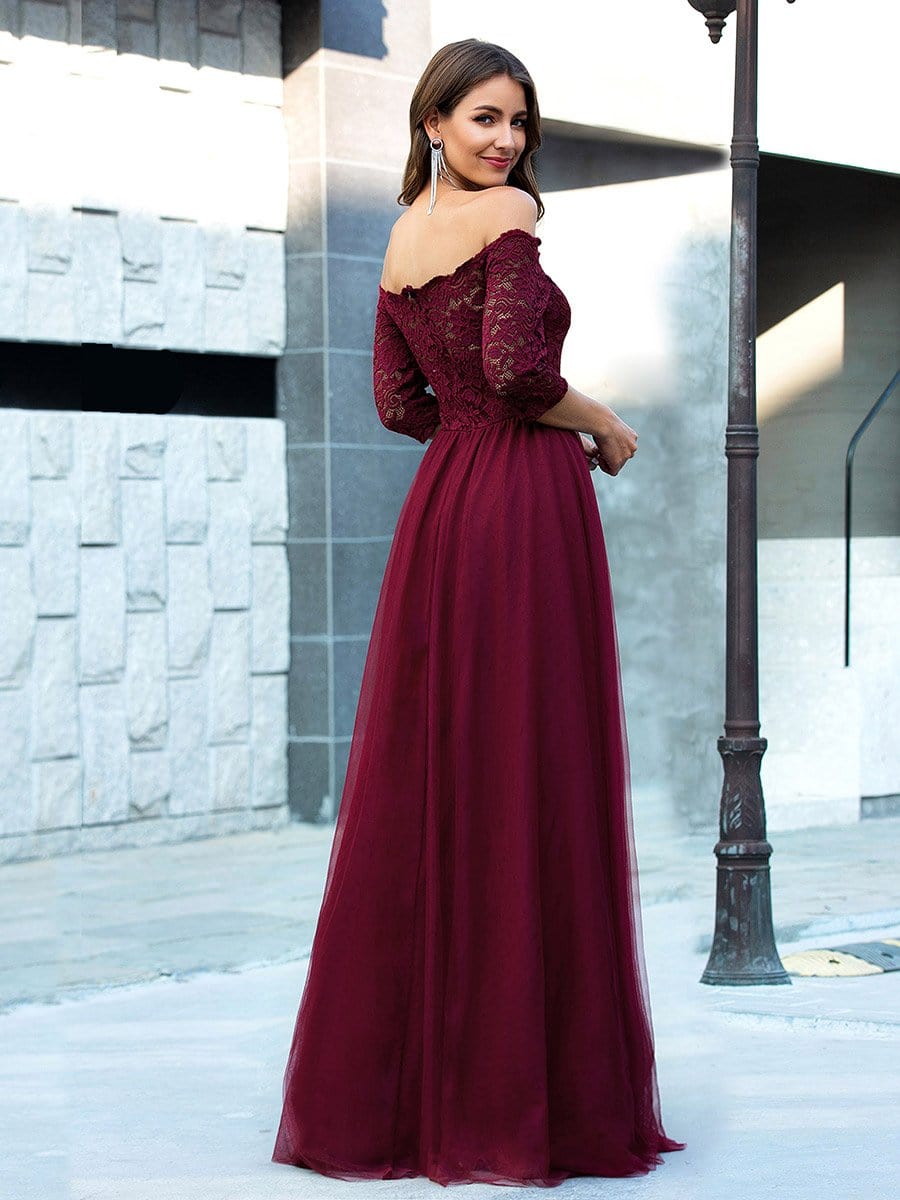 Color=Burgundy | Fashion Off Shoulder A-Line Lace Formal Tulle Evening Dresses-Burgundy 2