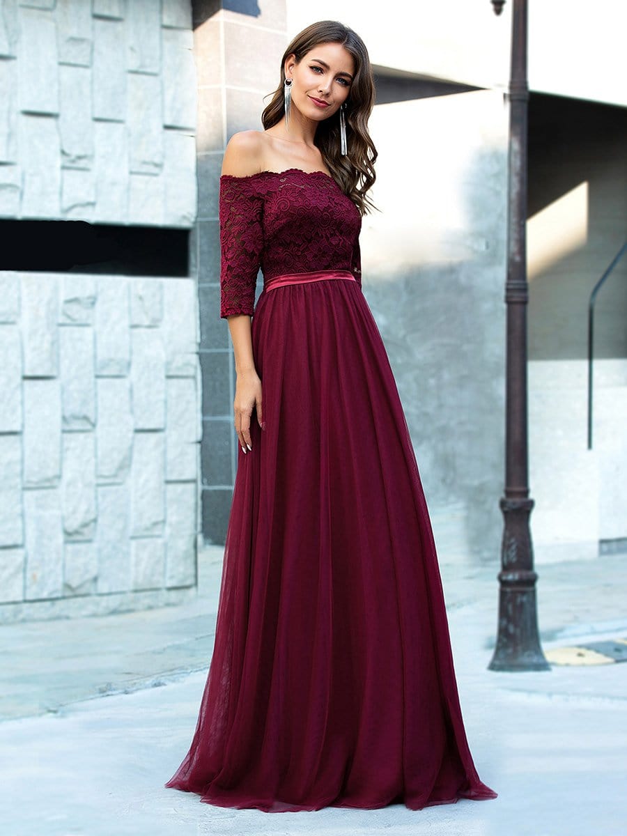Color=Burgundy | Fashion Off Shoulder A-Line Lace Formal Tulle Evening Dresses-Burgundy 3