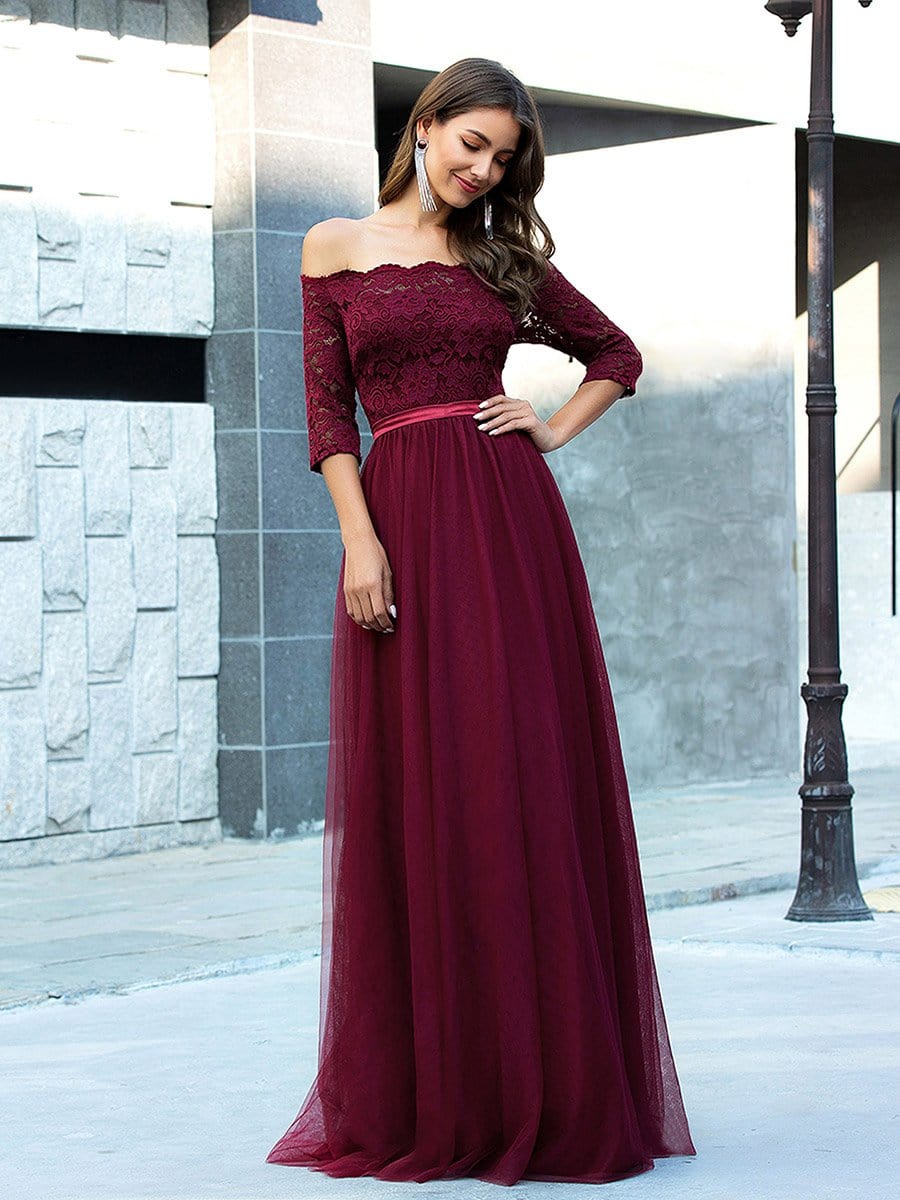 Color=Burgundy | Fashion Off Shoulder A-Line Lace Formal Tulle Evening Dresses-Burgundy 4