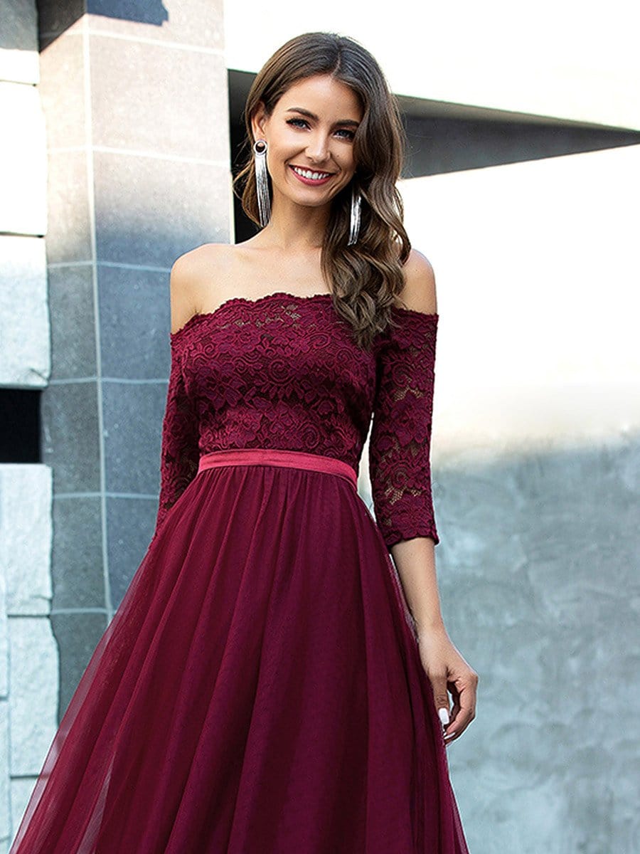 Color=Burgundy | Fashion Off Shoulder A-Line Lace Formal Tulle Evening Dresses-Burgundy 5