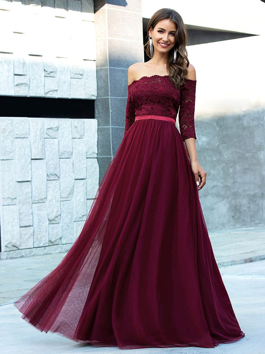 Color=Burgundy | Fashion Off Shoulder A-Line Lace Formal Tulle Evening Dresses-Burgundy 1