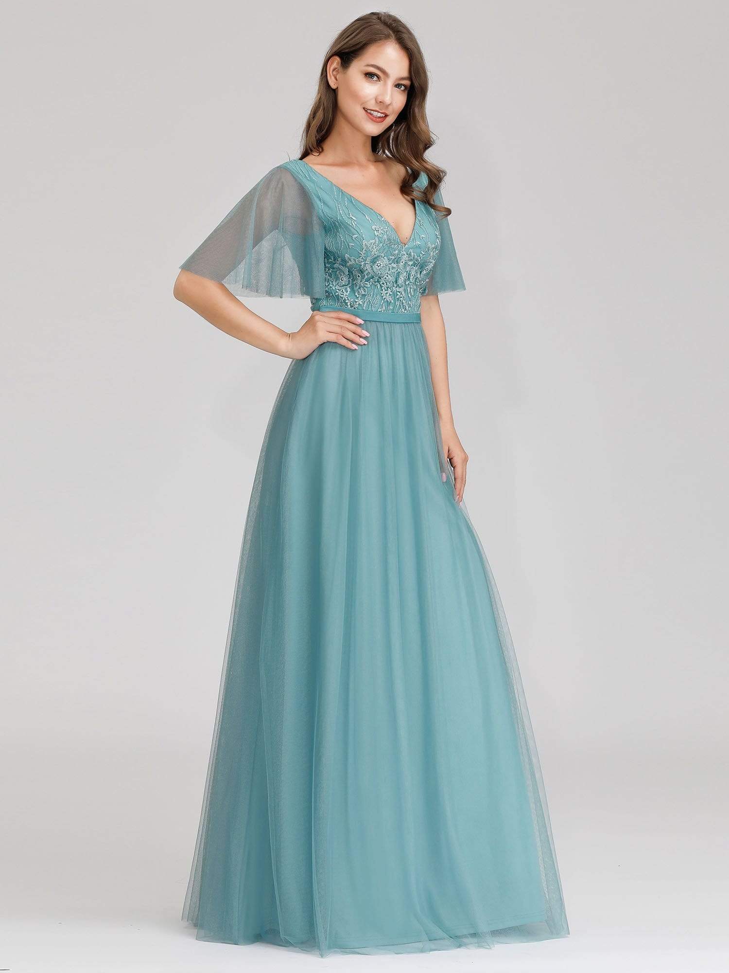 Color=Dusty Blue | Romantic Deep V-Neck Ruffle Sleeves Embroidery Tulle Bridesmaid Dresses-Dusty Blue 3