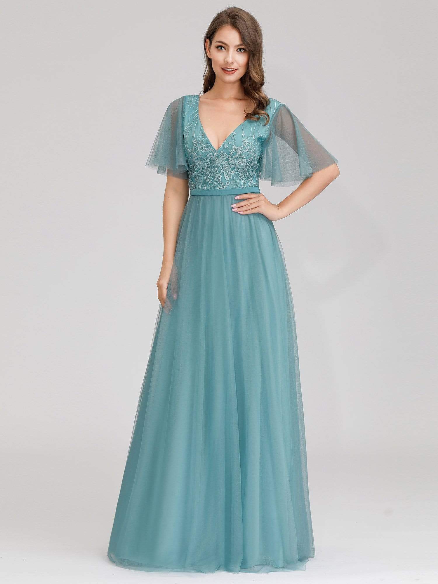 Color=Dusty Blue | Romantic Deep V-Neck Ruffle Sleeves Embroidery Tulle Bridesmaid Dresses-Dusty Blue 4