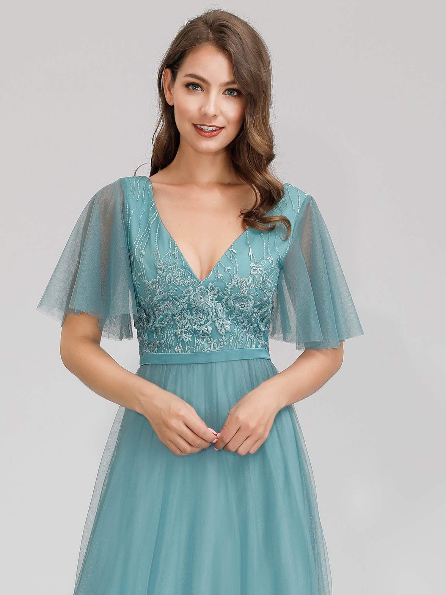 Color=Dusty Blue | Romantic Deep V-Neck Ruffle Sleeves Embroidery Tulle Bridesmaid Dresses-Dusty Blue 5