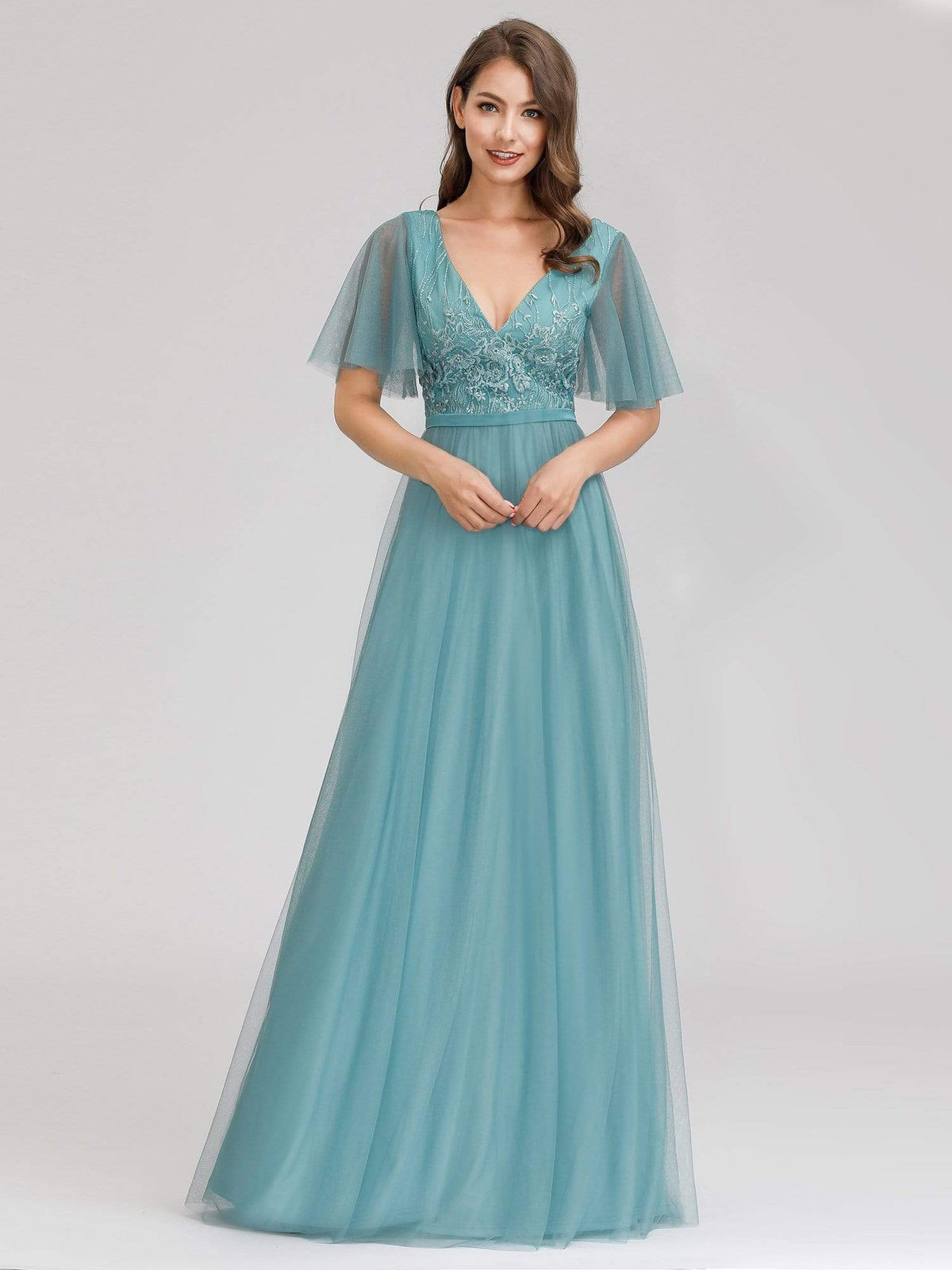 Color=Dusty Blue | Romantic Deep V-Neck Ruffle Sleeves Embroidery Tulle Bridesmaid Dresses-Dusty Blue 1